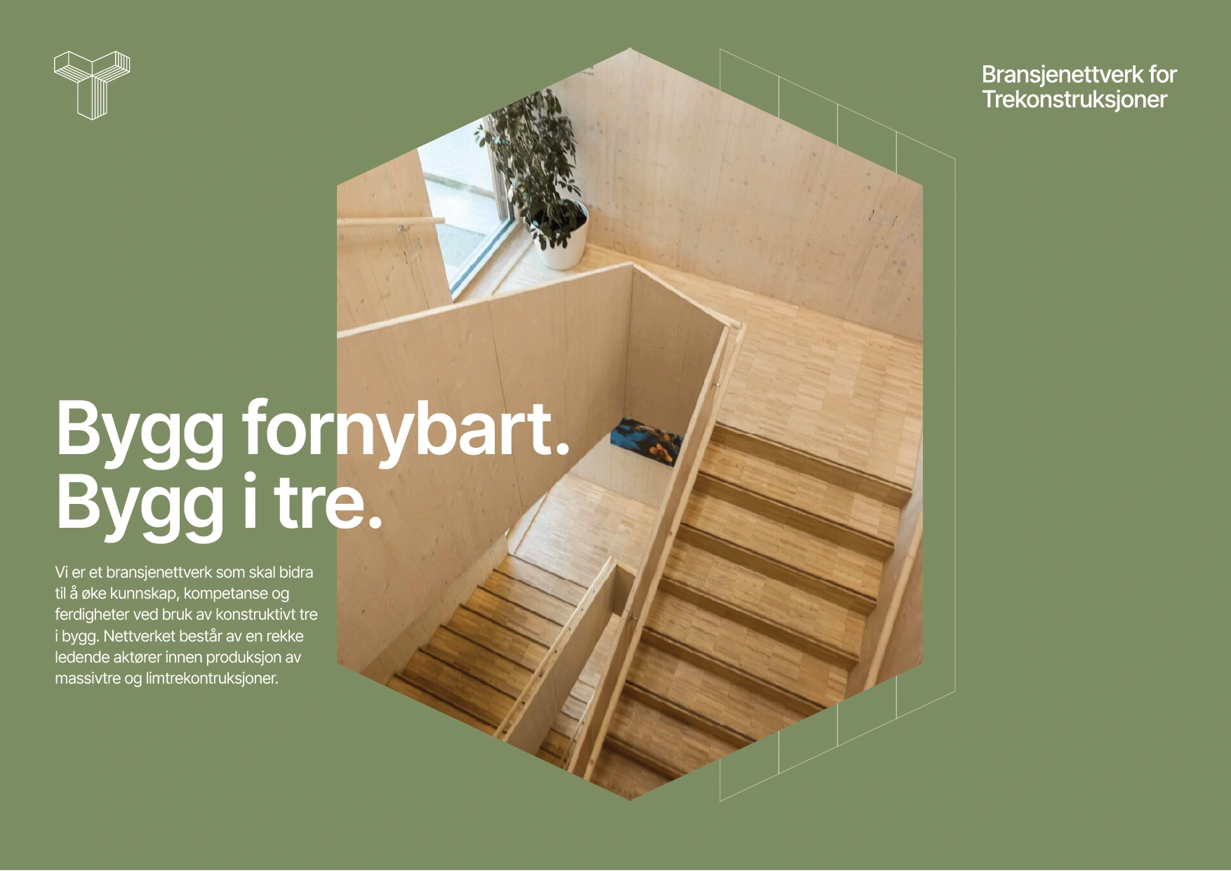 Eksempel på bruk av logo visuell identitet for Bransjenettverk for trekonstruksjoner, med bilde av trapp laget av massivtre